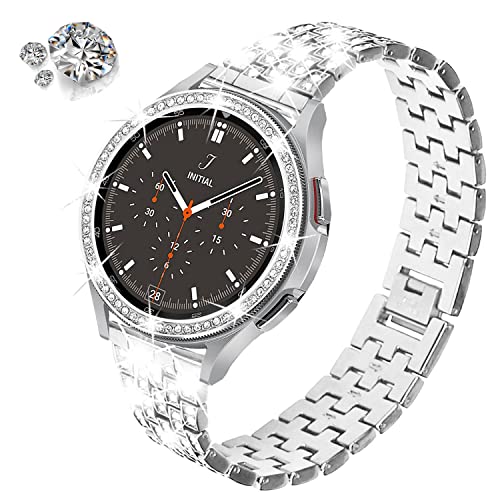 DEALELE Bands Compatible with Samsung Galaxy Watch 4 Classic (46mm), 20mm Luxury Rhinestone Diamond Metal Steel Bracelet with Watch Face Bezel Ring Case Cover Replacement for Women Men (Silver)