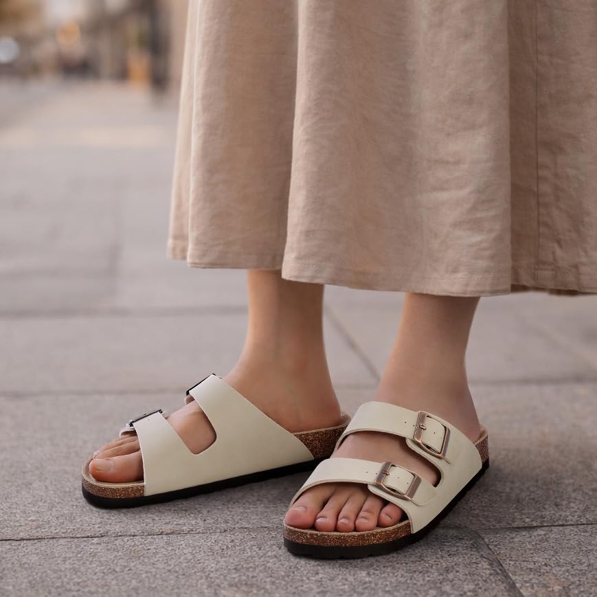 Image of KIDMI Women's Cork Footbed Casual Summer Sandals with Mild Arch Support | Double Adjustable Buckle Slides for Men with Memory Foam, Lightweight Unisex No-Break-In Sandals