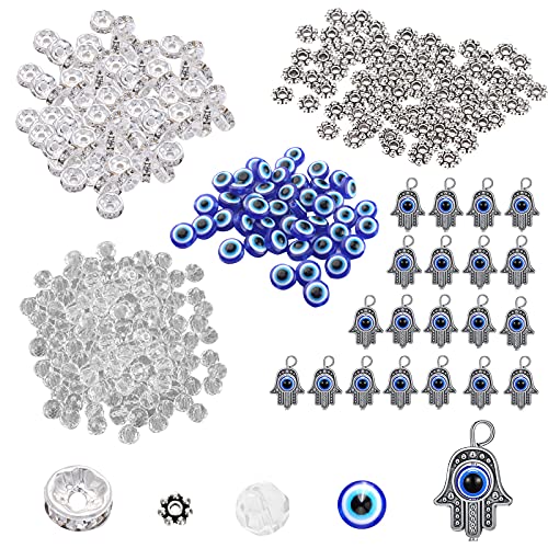 420 PCS Evil Eye Charm Set, Flat Round Evil Eye Beads Glass Hand Evil Eye Charms Crystal Spacer Bead Evil Eye Charms Beads Hamsa Beads for Jewelry Making DIY Bracelets Necklaces