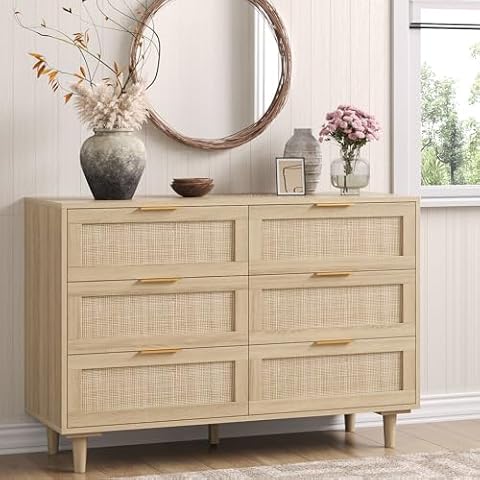Angel Sar Rattan Dresser for Bedroom, 6 Drawer Wide Dresser, Boho&Farmhouse Chest of Drawers, 43" Clothes Storage Cabinet, Metal Handle&Wood Legs for Hallway, Living Room, Bedroom, Wood Cover