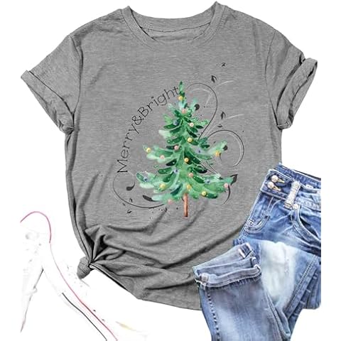Christmas Shirts for Women Xmas Tree Graphic T Shirts Winter Merry Bright Letter Holiday Tops Tee(VS-21GR, M) Cover