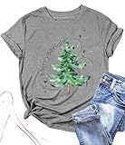 Christmas Shirts for Women Xmas Tree Graphic T Shirts Winter Merry Bright Letter Holiday Tops Tee(VS-21GR, M)
