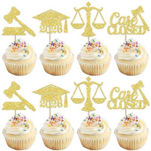 24 Pack Lawyer 2026 Graduation Cupcake Toppers Glitter Class of 2026 Grad Cap Law School Survivor Cupcake Picks for 2026 Lawyer Graduation Party Cake Decorations Supplies Gold