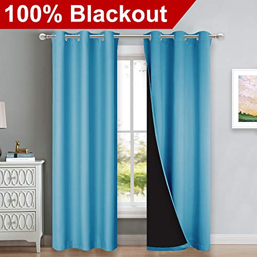 Image of NICETOWN Teal Blue Full Shade Curtain Panels, 37 inch Wide x 80 inch Long, Teal Blue, Pair of Thermal Insulated & Energy Efficiency Blackout Drapes for Living Room, Lined Silky Performance Window Dressing