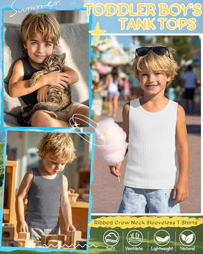 Image of 4 Pack Toddler Boys Cotton Tank Tops | Ribbed, Sleeveless T-Shirts, Summer Undershirts, Slim Fit, Crewneck, Layering, Sizes 18M-5T