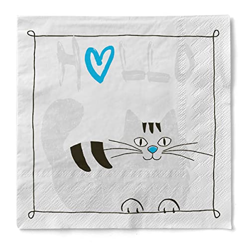Sovie HOME Serviette MORITZ in BLAU aus 3-lagigem Tissue, 33 x 33cm, 1/4 Falz, 20 Stück, Design mit weißer Katze und schwarzen Streifen sowie blauem Herz - Ideal für Geburtstage, Brunch, Café
