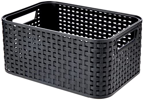 Curver Panière de Rangement 6L en avec Un Design Rotin Tressé pour Salle de Bain, Chambre, Bureau - Poignées Ergonomiques - Noir