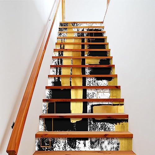 Modern Abstract Geometric Stair Stickers Black White Gold Oil Painting
