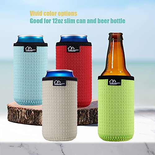 WK IEASON 12oz Slim Can Sleeves Insulators Tall Can Kooize Neoprene Slim Can Covers 12OZ Beer Bottle Sleeves Coolers Non-slip Neoprene Can Coolier Sleeves 4PC Pack (12OZ slim, Black/Red/Yellow/Blue)