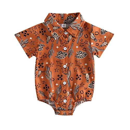 Image of Gueuusu Western Baby Boy Clothes Cow Print Onesie Romper Short Sleeve Button Up Dress Shirt Bodysuit Country Cowboy Clothes (Dark Orange, 0-3 Months)