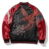 Sukajack Phoenix Embroidered Men's Bomber Jacket Japanese Style Oversized Streetwear Full-Zip Long Sleeve Spring Fall Windbreaker Coat Red