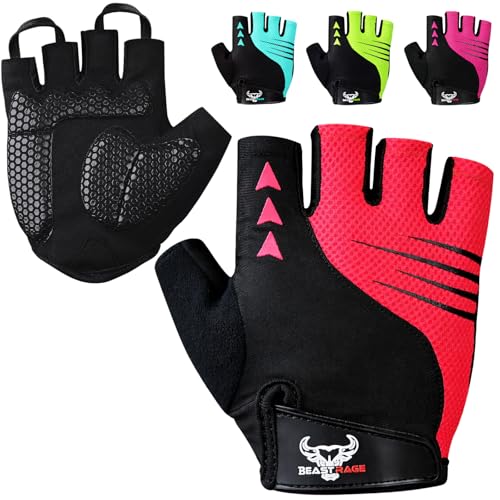 BEAST RAGE Guantes de Ciclismo de Medio Dedo para Hombres y Mujeres – Guantes de Bicicleta Acolchados, Transpirables, Antideslizantes, sin Dedos, Guantes de Bicicleta de Carretera (Rojo, L)