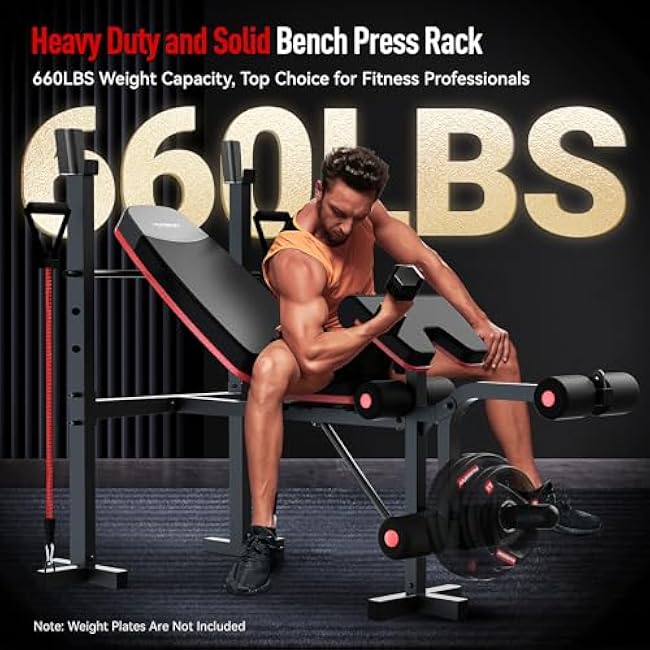 HARISON 6 in 1 Weight Bench Set with Leg Extension and Preacher Curl, 660LBS Workout Bench Press Rack for Home Gym with Resistance Bands
