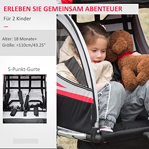 HOMCOM 2 in 1 Kinderanhänger klappbar Fahrradanhänger mit abnehmbarem Vorderrad, Hinterradbremsen, Kinderfahrradanhänger für 2 Kinder ab 18 Monate, bis 26,4 kg belastbar, Rot