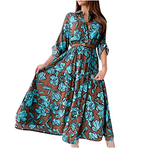 Auwer Women Casual Floral Print Midi Dress Long Sleeve Button V Neck Slim Swing Maxi Dresses Cocktail Party Dress with Belt Blue