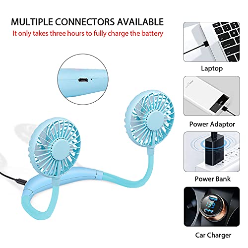Image of Hands Free Portable Neck Fan, Rechargeable Mini USB Personal Fan Battery Operated Necklace Fan for Home Office Travel Indoor Outdoor (Blue)
