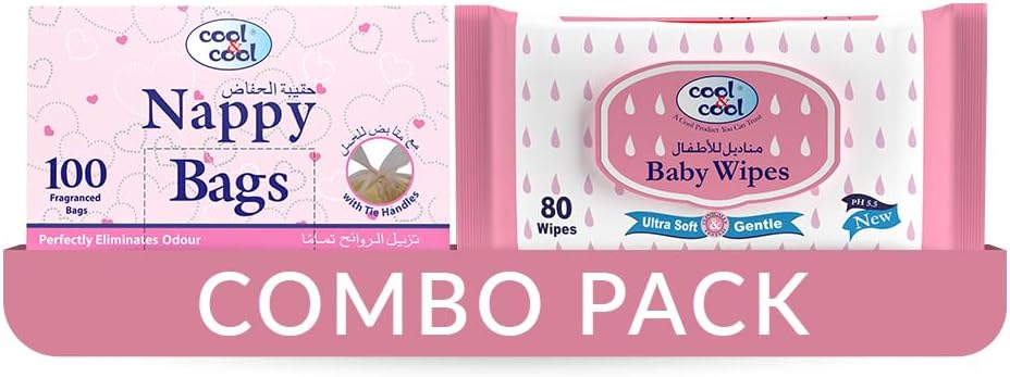 Cool & Cool Nappy Bags 100's- Mildly Scented Diaper Disposable Bags + Baby Wipes 80's - Alcohol Free, Fragrance-Free, Ultra Soft - Combo Pack