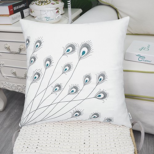 Pack Of 2 Calitime Supersoft Throw Pillow Covers Cases For Couch Bed Sofa Decor Peacock Feathers Embroidered 18 X 18 Inches White #TOP2