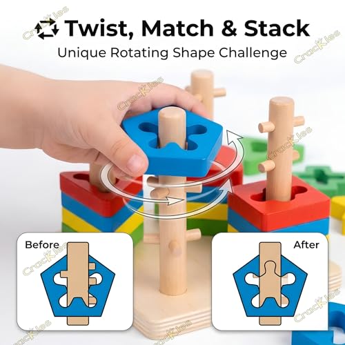 Image of Crackles Wooden Geometric Shape Sorter Stacking Toy for Kids | Montessori Educational Learning Toy with 16 Pieces | Color & Shape Recognition Puzzle | Twisting Learning Blocks Wooden Toy for Toddlers