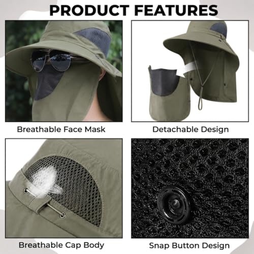 Image of Kraptick Headwear Hats - Lightweight Sun Hat with Detachable Face Cover Foldable Boonie Cap for Travel, UV Protection Summer Cap & Chin Strap with Adjustable Toggle for Secure Fit (DMUG893-A-VV)