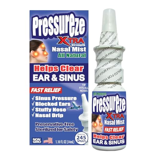 Pressureze Xtra - Natural- Preservative Free - Sterile Nasal Spray - for Severe Sinus Congestion Relief - Opens Blocked Ear Canals Snoring - 245 Sprays 34 ml (Pack of 1)