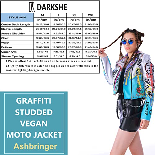 DARKSHE Women's Faux Leather PU Jacket, Graffiti Studded Rivet Punk Biker Moto Fashion Coat with Long Sleeve4