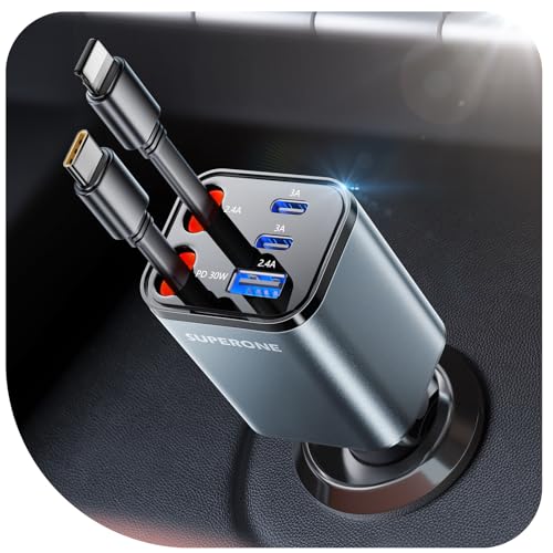 【2025 Ultra-Compact】 SUPERONE Retractable Car Charger, 5 in 1 Car Phone Charger with Dual Cables, 84W Fast Charging USB C Car Accessories Adapter for iPhone 17/16/15/14/13/12/11, Galaxy, Pixel