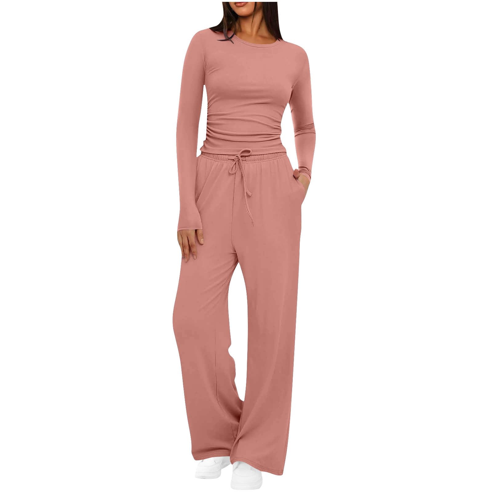 Womens Tracksuit Set Lounge Wear Co Ord Sets Travel Airport Outfit Y2k Set Ladies Stretch Long Sleeve Crop Top and Drawstring Elastic Waist Wide Leg Pant Sets Yoga Trousers Suit 2 Piece Outfits S-XXL