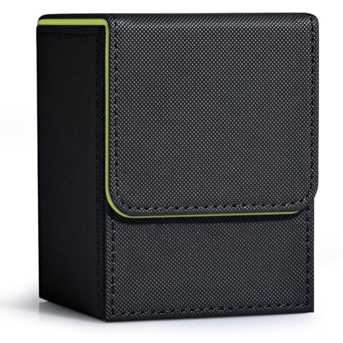 Image of ZLCA Card Deck Box for Trading Cards, MTG YuGiOh Deck Case Holds 100+ Single Sleeved Cards, PU Leather Magnetic Card Storage Box Fits for TCG CCG Magic Game Cards (Black& Green)