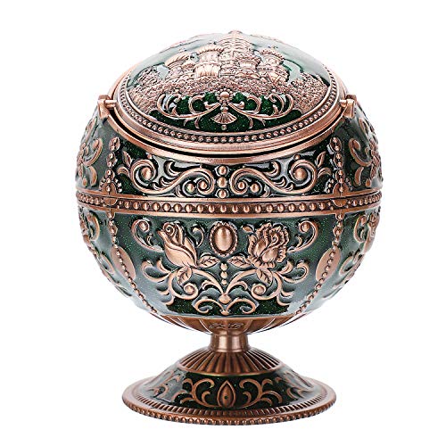 Vintage Windproof Ashtray with Lid Portable Cigarette Ashtray for Outdoor Indoor Metal Ashtray Smoking Ash Tray Hand Stamped Pattern Gift for Men Women (Dark Green-Red Copper Castle)
