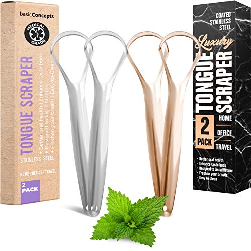 Tongue Scraper (2 Pack), Reduce Bad Breath (Medical Grade), Stainless Steel Tongue Cleaners, 100% BPA Free Metal Tongue Scrapers Fresher Breath in Seconds