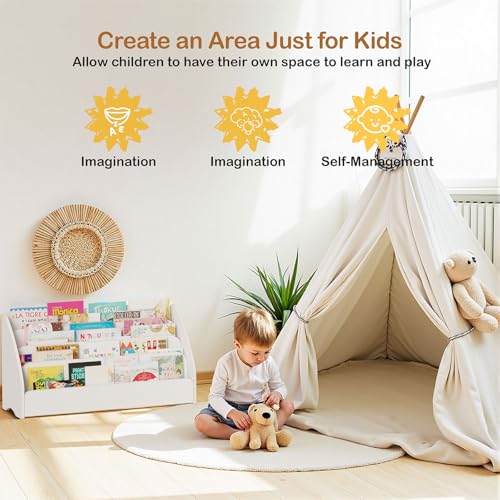 Image of Lkeiyay 4-Tier Small Wooden Kids Bookshelf for Toddlers, White Space-Saving Book Storage Organizer, Children's Book Rack for Nursery & Kids Room