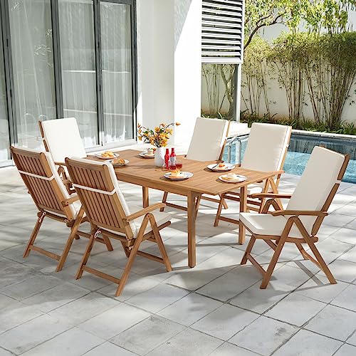 OC Orange-Casual 7 Piece Patio Dining Set, Outdoor Acacia Wood Furniture Set w/Extendable Rectangular Table and 6 Foldable Reclining Chair, Solid Wood, for Deck Garden Backyard, Beige