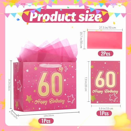 Image of Powbrace 13 inch Pink 60th Birthday Gift Bag with Tissue Paper and Greeting Card for Party,Happy Birthday Gift Bag for Men Women,Gift Bags Medium size(1 Pink 60th)