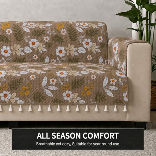 Image of STITCHNEST 'Frostvine Collection' 2 Seater Sofa Cover | Full Coverage with Armrest Pockets | Cotton Quilted Fabric, Decorative Tassels, Washable & Durable for Modern Living