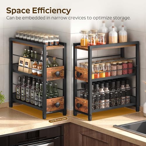 YATINEY 3-Tier Spice Rack, 15 cm Narrow Kitchen Countertop Storage Shelf with 2 Drawers, Pull-Out Coffee Storage Rack, Spice Holder for Syrup, Spices, and Coffee Pod Storage, Rustic Brown XSR02BR - Image 5