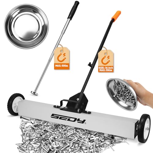 36-Inch Rolling Magnetic Sweeper | 40-Inch Telescoping Magnetic Pickup Tool | Magnetic Trays | 55-Pound Capacity Pick-up Sweeper for Nails, Screws & Metal Debris Workshop Garage Yard (3 Pack)