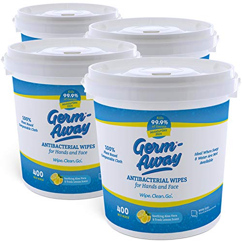 Germ-Away Antibacterial Hand Wipes, Compostable Cloth, Bucket Lemon Scent 400 ct, 4pk (1600 wipes)