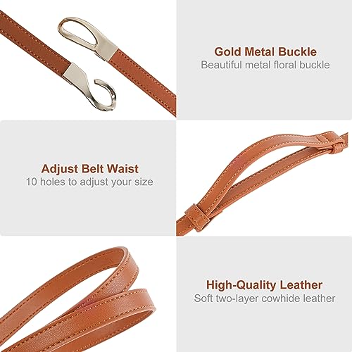 NPET Leather Skinny Women Belt for Jeans Dresses Pants Fashion Waist Belt for Dresses up to 37 Inches with Gold Buckle 2 Pack3