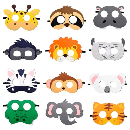 Encuryna Tiermasken für Kinder 12 Stücke Kinder Filz Masken, Party Animals, Dschungel Deko Geburtstag, Kostümpartys Cosplay Maske verkleiden für Maskerade Geburtstage Dschungel Thema Partyzubehör