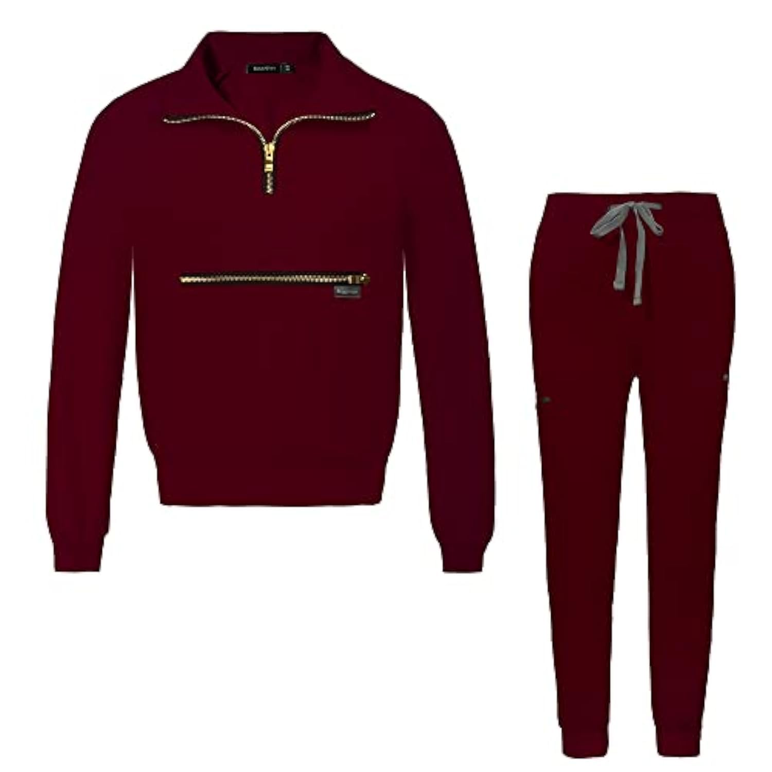 Scrub Set for Women - Long Sleeve Top & Jogger Pants, Solid Color Working Uniforms With Pockets