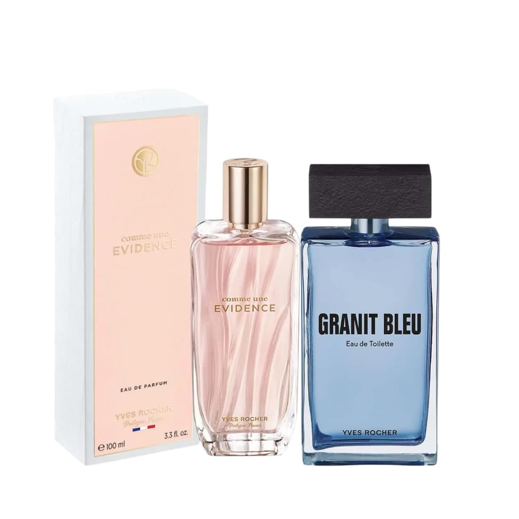 Yves Rocher Eau de Toilette Granit Bleu and Comme Une Évidence for Men and Women Long Lasting Fragrance Set of 2 Gift Kit – 100 ml./3.3 fl.oz.