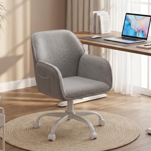 KRAMZMING Teddy Fleece & Corduroy Desk Chair, Swivel Office Chair Gray