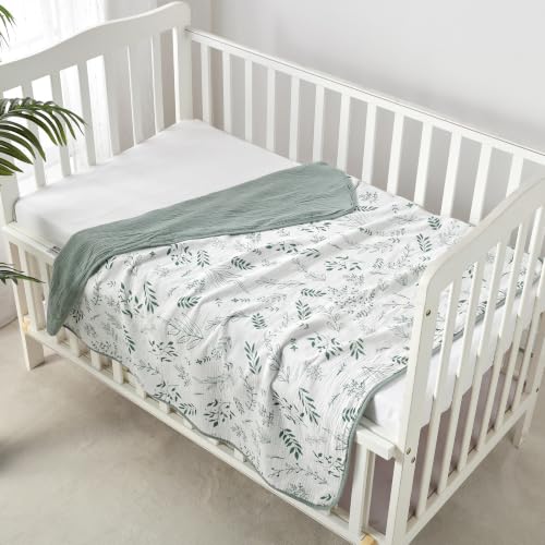 Image of CREVENT 40''X40'' 100% Organic Cotton Muslin Baby Blanket for Newborns, Essential for Baby Shower Birthday Gift - Green Leaves 100X100cm