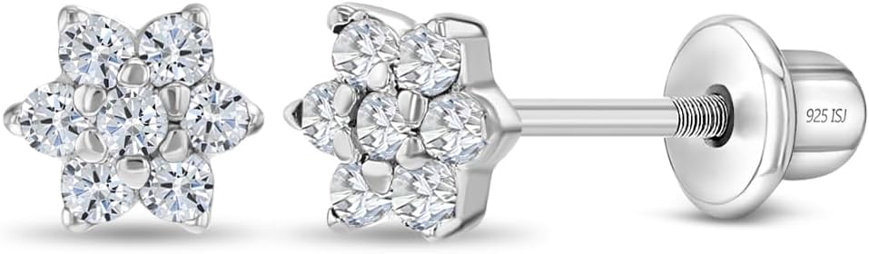 925 Sterling Silver Kids Earrings with 5mm Flower & Screw Backs for Young Girls - Dainty CZ Flower Screw Backs for Toddlers and Little Girls - Cubic Zirconia Floral Studs for Children