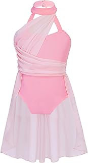 Sxiwei Girls One Piece Ballroom Ballet Dance Chiffon Leotard Halter Neck Lyrical Contemporary Dance Dress Pink A 10 Years