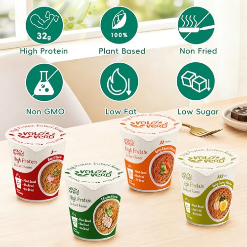 Image of VOLO VERO High Protein Instant Ramen Noodles Cups, 32g Protein, Variety | 6 Count, Chicken, Spicy Beef, Kimchi & Curry Flavors, Plant-Based, Vegan, Non-Fried, Low Fat, Non-GMO, Asian Meal