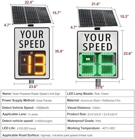 Solar-Powered Radar Speed Sign 23.6"x35.4" & 23.6"x23.6" - Reflective Speed Display with Remote Control, IP65 Waterproof, Easy Installation, Complete Accessories for Road Safety