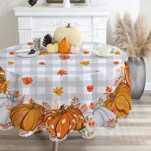 Fall Round Tablecloth 70 inches - Fall Decorations for Home - Harvest Thanksgiving Table Cloth Grey Plaid Pumpkins Fall Decor for Home, Table, Dinning 70" (Round) Grey