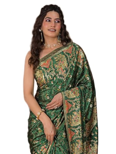 Image of Satrani Women's Crepe Foil Printed Weaving Banarasi Saree with Unstitched Blouse Piece